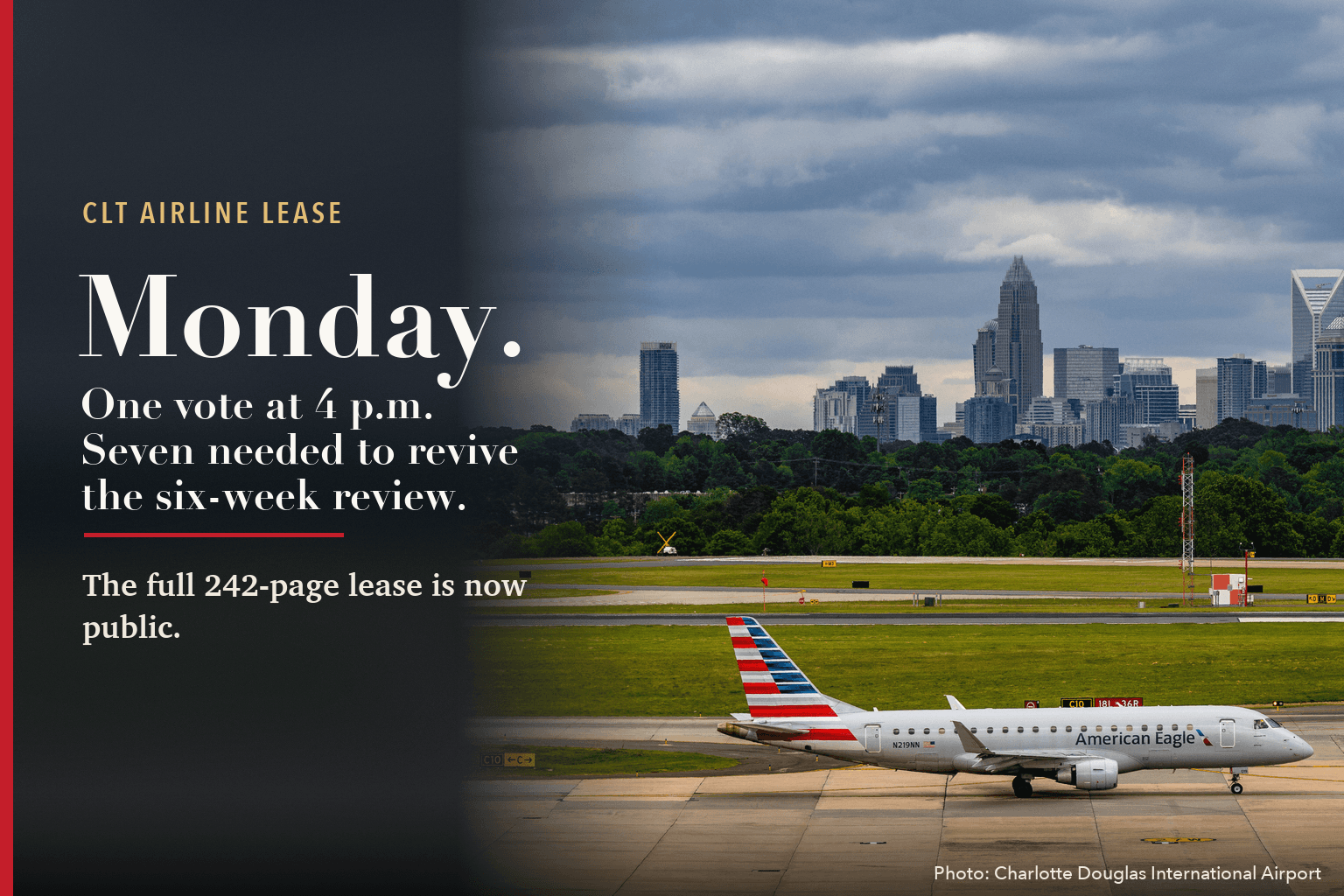 An American Eagle regional jet taxis at Charlotte Douglas International Airport with uptown Charlotte's skyline behind it, beside the words: Monday. One vote at 4 p.m. Seven needed to revive the six-week review. The full 242-page lease is now public.